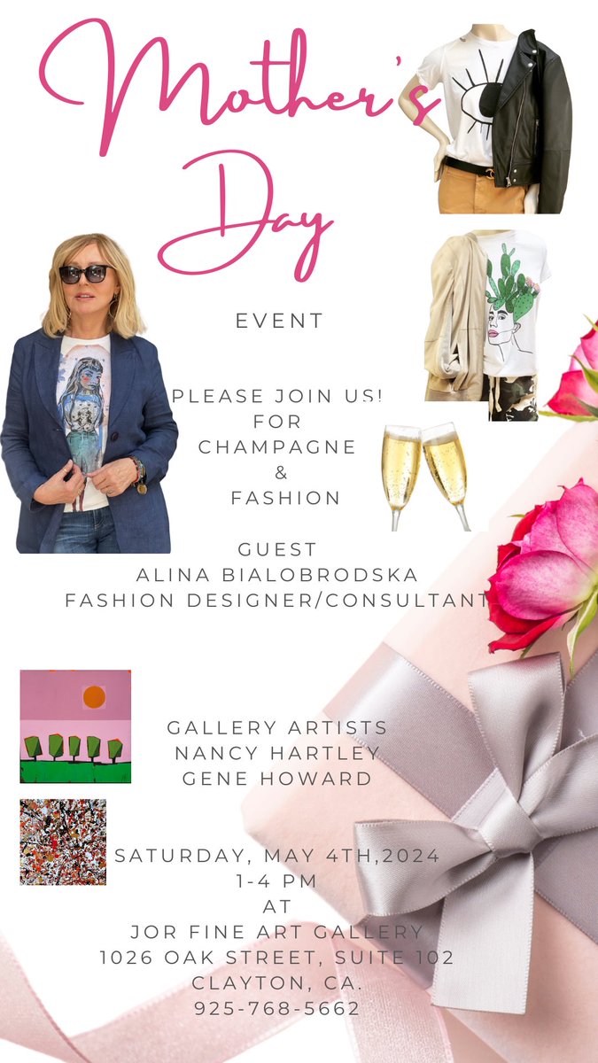 Celebrate Mom in style at JOR Fine Art Gallery! Join us on Saturday, May 4th from 1-4 pm for an exquisite Mother's Day Art & Fashion event. Indulge in Champagne & Chocolate as you explore Alina's adorable T-shirts, #mothersdayevent #artandfashion