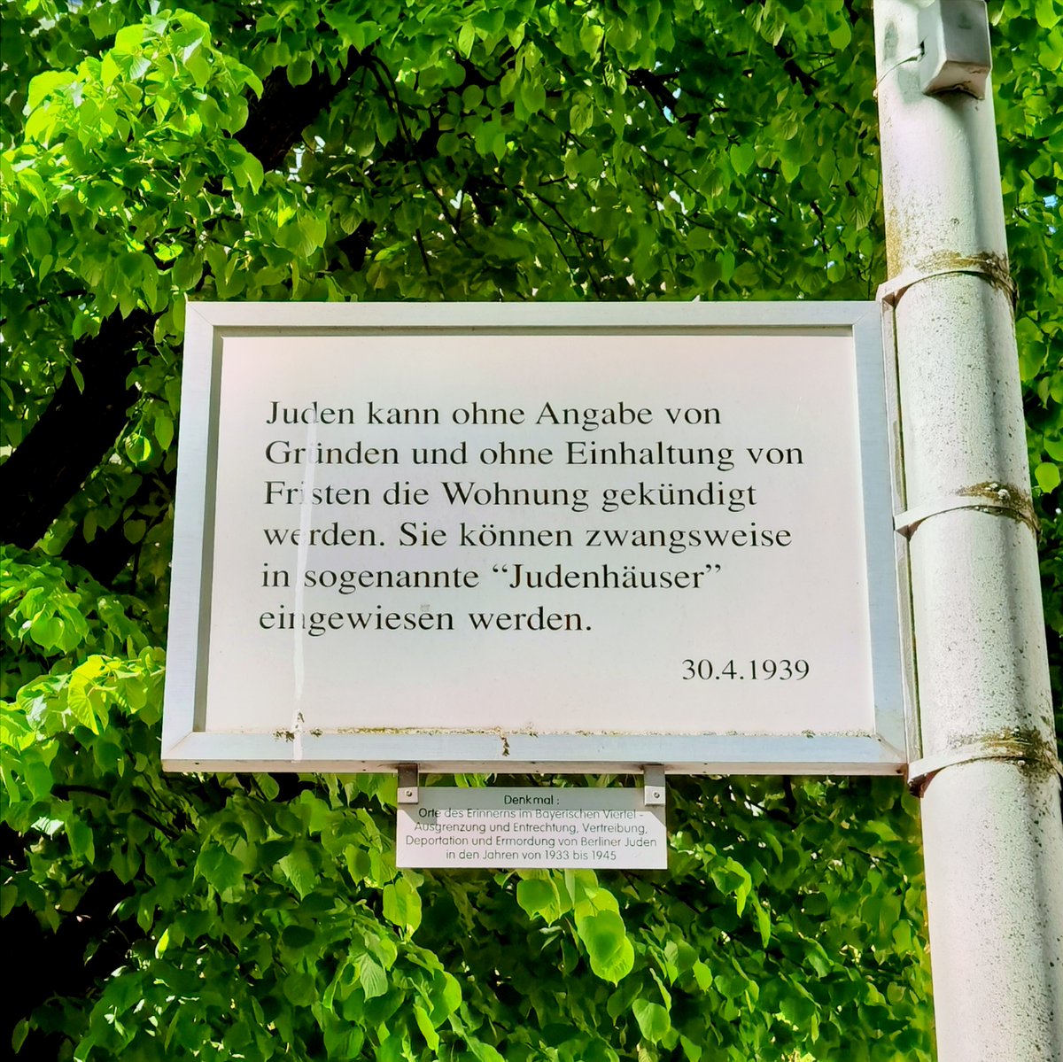 Der Naziterror richtete sich gegen alle Lebensbereiche - und allein in ganz Berlin entstanden ca. 3.000 'Judenhäuser' nach gesetzlichen Zwangsmaßnahmen des NS-Regimes vom 30. April 1939. #otd

Die Mahnung bleibt: Nie wieder Nazityrannei!

Gedenktafel im @BayViertel, #Berlin.