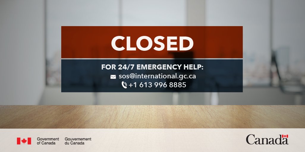 The Embassy of Canada to Sweden will be closed on May 1 for Labour Day.

For all consular emergencies please email sos@international.gc.ca, or call the 24/7 Emergency Watch Office at +1-613-996-8885 or the Embassy at +46 8 453 3000.