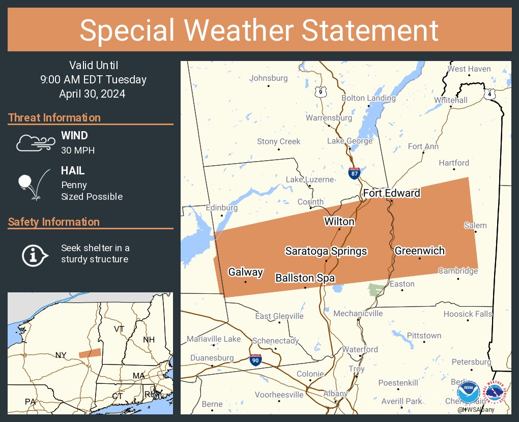 A special weather statement has been issued for Saratoga Springs NY, Ballston Spa NY and  Fort Edward NY until 9:00 AM EDT