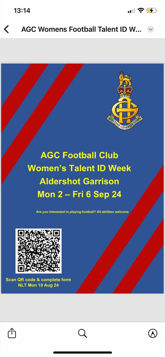 AGC Football Club (@agc_football) on Twitter photo WOMEN’S TALENT WEEK! If you’d like to come join us, use the QR code or message us! <a href="/Armyfa1888/">Army FA</a> <a href="/ArmySportASCB/">Army Sport</a> <a href="/ArmyWomensFoot1/">Army Women’s Football</a> <a href="/AmazonsArmy/">Army Amazons Women's Football Development Team</a> <a href="/1MPBrigade/">1 MP Brigade</a> <a href="/MpsRegiment/">MPS Regiment</a> <a href="/RecruitmentAgc/">Adjutant General’s Corps</a> WOMEN’S TALENT WEEK! If you’d like to come join us, use the QR code or message us! <a href="/Armyfa1888/">Army FA</a> <a href="/ArmySportASCB/">Army Sport</a> <a href="/ArmyWomensFoot1/">Army Women’s Football</a> <a href="/AmazonsArmy/">Army Amazons Women's Football Development Team</a> <a href="/1MPBrigade/">1 MP Brigade</a> <a href="/MpsRegiment/">MPS Regiment</a> <a href="/RecruitmentAgc/">Adjutant General’s Corps</a>