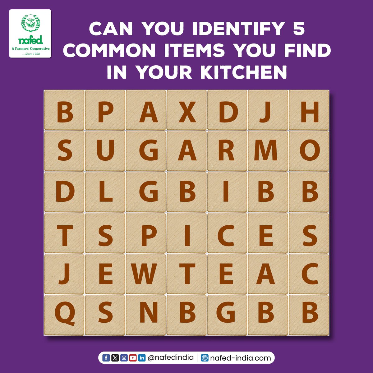 Drop your answer in the comments section!

#NAFED #NafedIndia #DoYouKnow #Nafedquiz #puzzle #fooditems