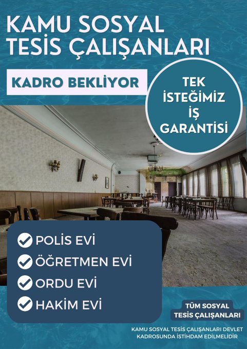 1 Mayıs Öncesi iktidara çağrımızdır.
TaşeronKöleliğe SonVerin
Taşeronda kalanlar, geçici, mevsimlik,TYP’li  işçiler  kadroları verilsin.
Staj ve Çıraklar iş başı yaptığı an emekliliğe esas yaşlılık sigortası başlamış sayılsın.
Emeklilikte kademeli,adaletli düzenleme sağlansın.