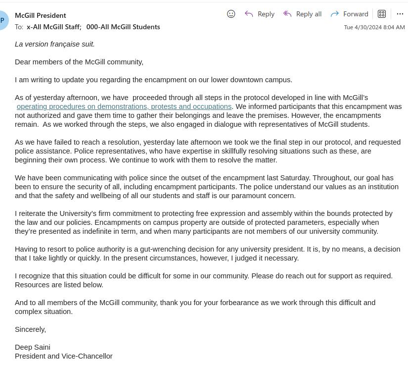 My university @mcgillu has called in the SPVM police against its students. 

I oppose this draconian measure.  It's the wrong thing to do, and our President @McGillPresident Deep Saini should reverse it immediately. 
#StopTheGenocide