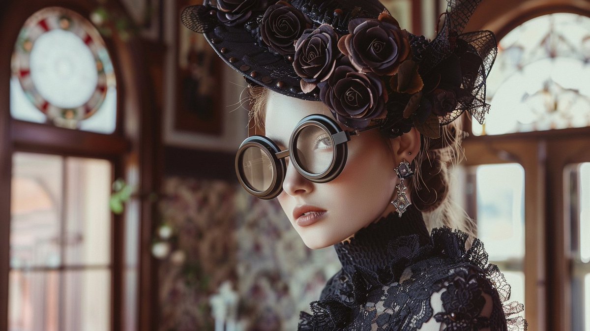 Steampunk Fashion Tested only in Midjourney Prompt: Fashion photography featuring a steampunk woman in a black lace dress and large round glasses, adorned with dark roses on her hat, set against the backdrop of a Victorian-style room --ar 16:9 --v 6.0 --style raw