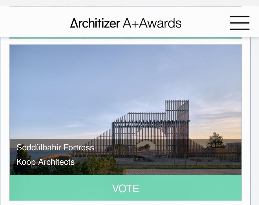 Çanakkale Seddülbahir Kalesi projemiz Architizer A+Awards Müze kategorisinde kısa listeye kalan 5 projeden biri oldu. 
Oylarınızı bekliyoruz;
shorturl.at/adkKL