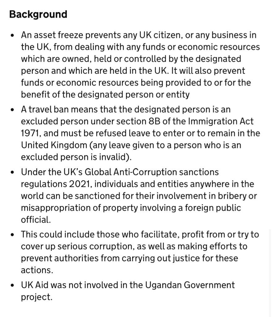 United Kingdom sanctions 3 Ugandan politicians including the Speaker of Parliament “following corruption charges for stealing from the poorest communities in Uganda”. Anita Annet Among, Mary Goretti Kitutu, & Agnes Nandutu-will be subject to travel bans &asset freezes. Statement: