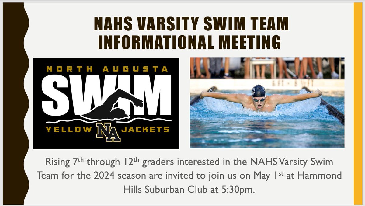 As a reminder, if you are interested in being a part of the 2024-2025 swim team, an informational meeting will be held tomorrow, May 1st, at Hammond Hill Suburban Club Pool. If you have any questions, please contact Mandy Pond at apond@acpsd.net.