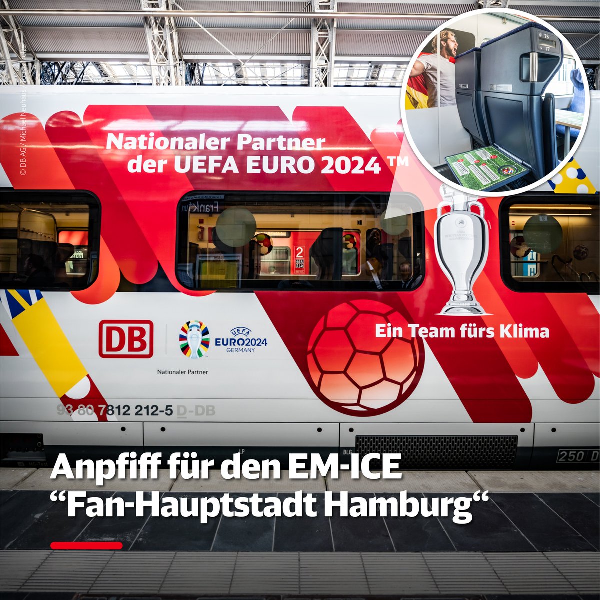 Der EM-ICE 'Fan-Hauptstadt Hamburg' startet heute seine Reise durch Deutschland als rollender Botschafter zur UEFA EURO 2024™. Mit Fußballmotiven aus 24 Nationen und vielen Überraschungen an Bord wird er zur einzigartigen Fan-Zone auf Schienen. deutschebahn.com/de/presse/pres… #EURO24