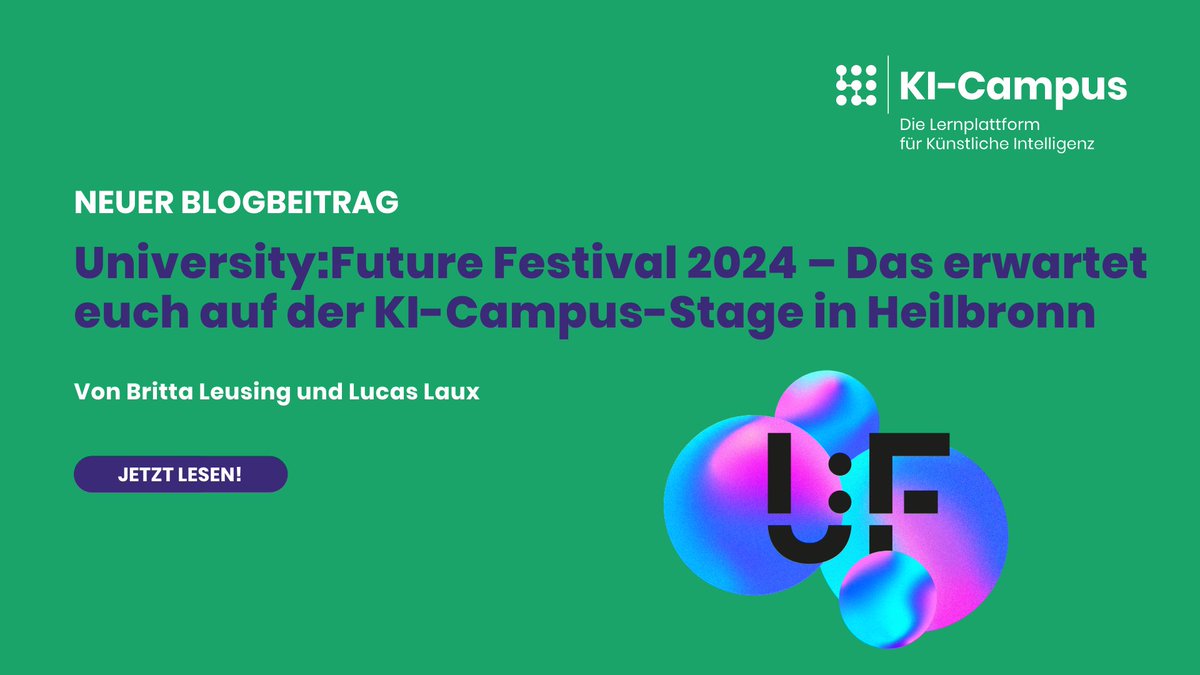 KICampus's tweet photo. Wie können wir #KI und digitale Technologien in der #Hochschule nutzen? Darüber diskutieren wir gemeinsam mit euch am 6.6. beim #UFFestival. 🎉

Einblicke in das Programm auf der #KICampus-Stage erhaltet ihr im aktuellen Blogbeitrag. 💡

Hier lesen:
➡️https://t.co/M7t5A1xRDb https://t.co/TGevwVBe1C