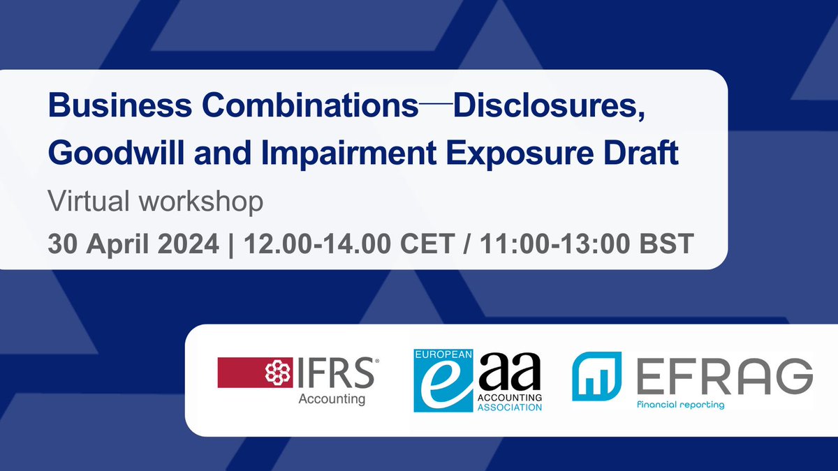 🚨 Today, the IASB, the EAA and EFRAG held a virtual workshop about the IASB’s Exposure Draft Business Combinations―Disclosures, Goodwill and Impairment! 📢Follow the workshop here: lnkd.in/e4Wt5tZG #IASB #EFRAG #EAA #BusinessCombinations