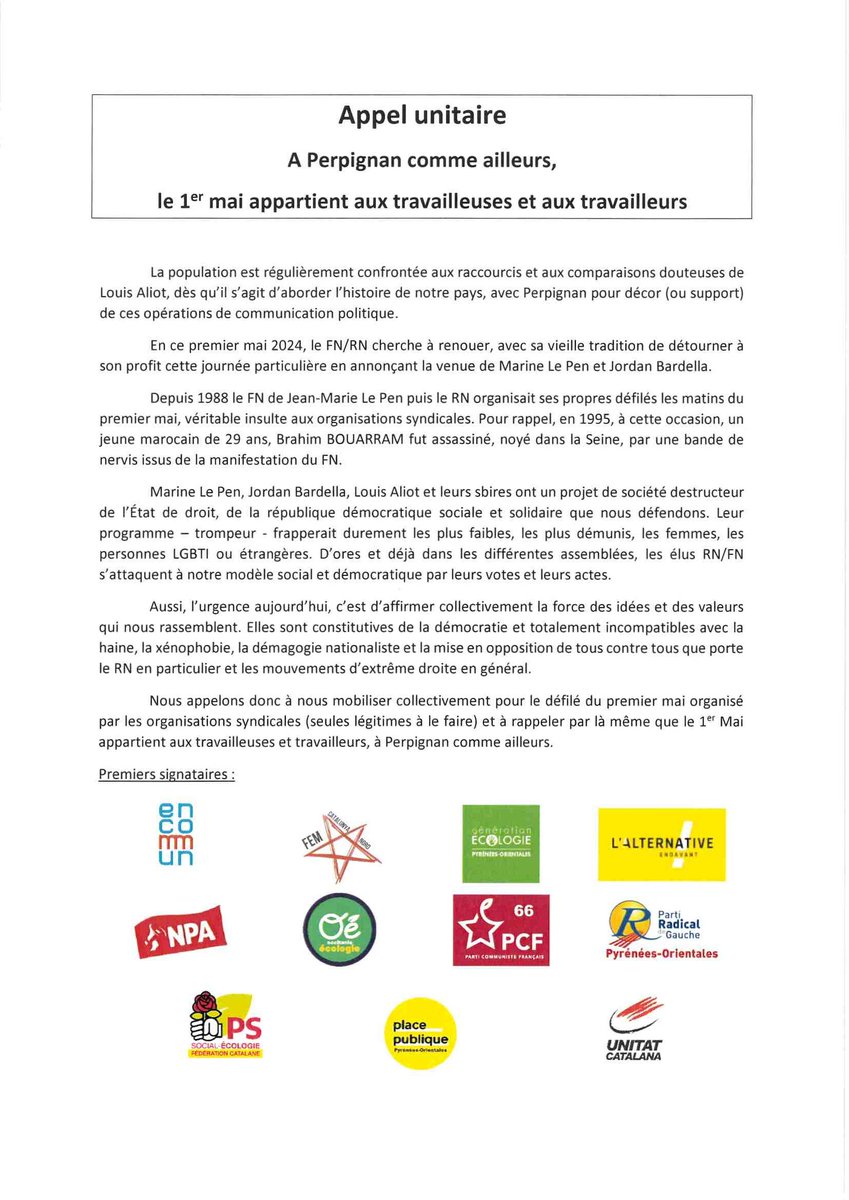 Tous mobilisés,le 1er Mai appartient aux travailleuses et travailleurs
Pas au FN RN !
#perpignan #1ermai #1mai2024