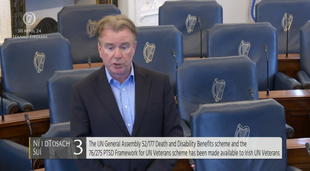 #Seanad Commencement Matter 3: Senator Tom Clonan @TomClonan – To the Tánaiste and Minister for Defence: The UN General Assembly 52/177 Death and Disability Benefits scheme and the 76/275 PTSD Framework for UN Veterans scheme has been made available to Irish UN Veterans.