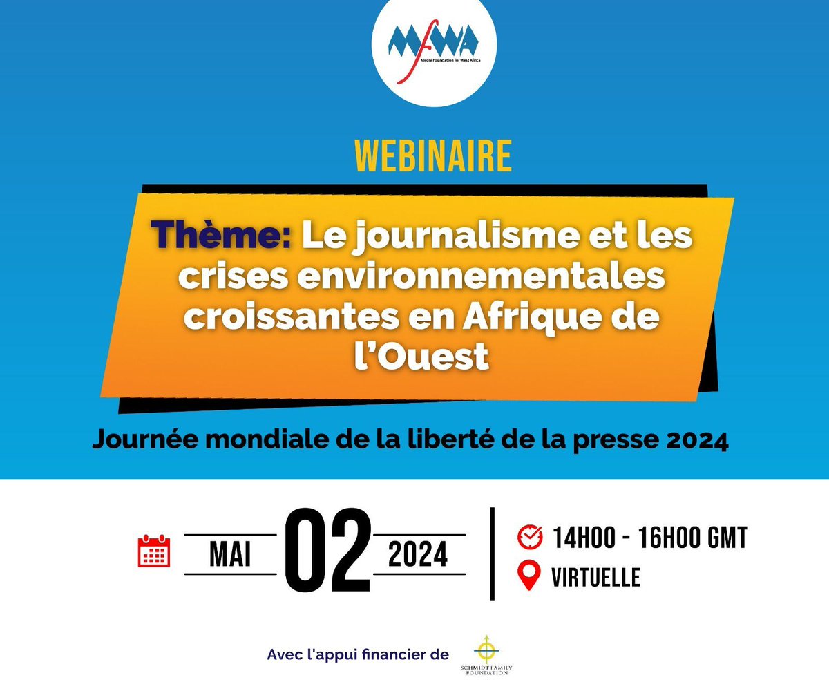 🚨 Alerte webinaire Pour commémorer la Journée mondiale de la liberté de la presse, @TheMFWA organise un webinaire le 02 mai à 14H GMT sur le thème 'Le journalisme et les crises environnementales croissantes en Afrique de l'Ouest '. S'inscrire : ⏩ buff.ly/44ldo7C