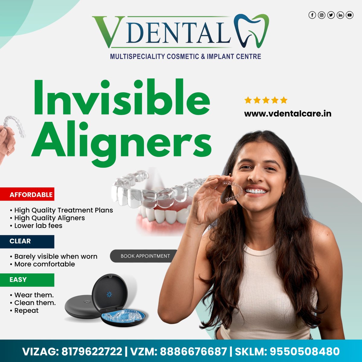 🦷 Invisible Aligners 🦷

AFFORDABLE
High-Quality Treatment Plans
High-Quality Aligners
Lower lab fees

CLEAR
Barely visible when worn
More comfortable

EASY
Wear them.
Clean them.
Repeat

VIZAG: 8179622722 |
VZM: 8886676687 |
SKLM: 9550508480

#invisiblealigners #dentaltreatment