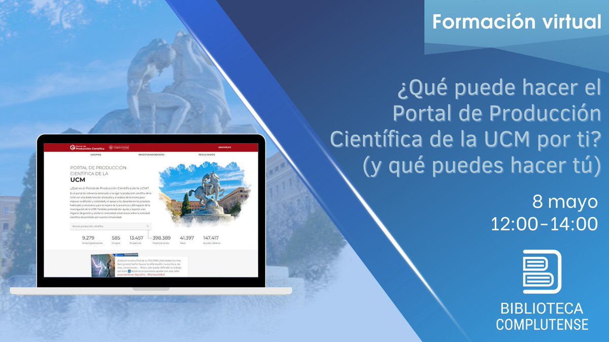 Taller dedicado al PDI de @unicomplutense en el que veremos cómo gestionar el espacio personal del investigador para obtener los indicadores de relevancia e impacto que se exigen en los procesos de acreditación 8 mayo: 12-14h biblioagenda.ucm.es/event/4203167 ¡Inscríbete ya! #FormaciónBUC