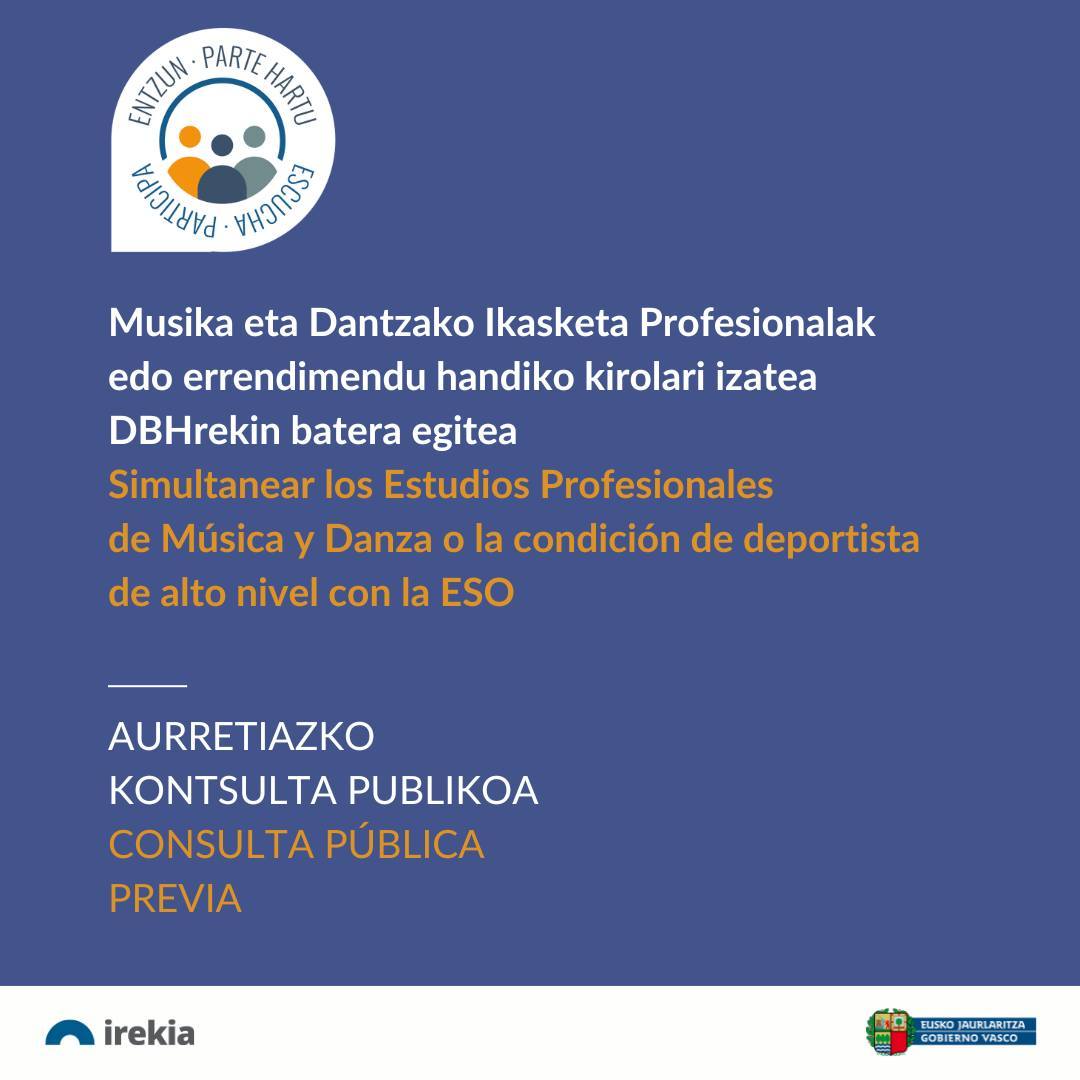 🎶💃🏽🥇 Musika, Dantza edo Kirol Ikasketa Profesionalak egin nahi dituzu, baina ez dakizu nola konbinatu DBHrekin? @Gob_eus-k prozesua erraztu nahi du 📚✨ 📲 Ezagutu proposamena eta eman zure iritzia 👉irekia.eus/irekia/58E