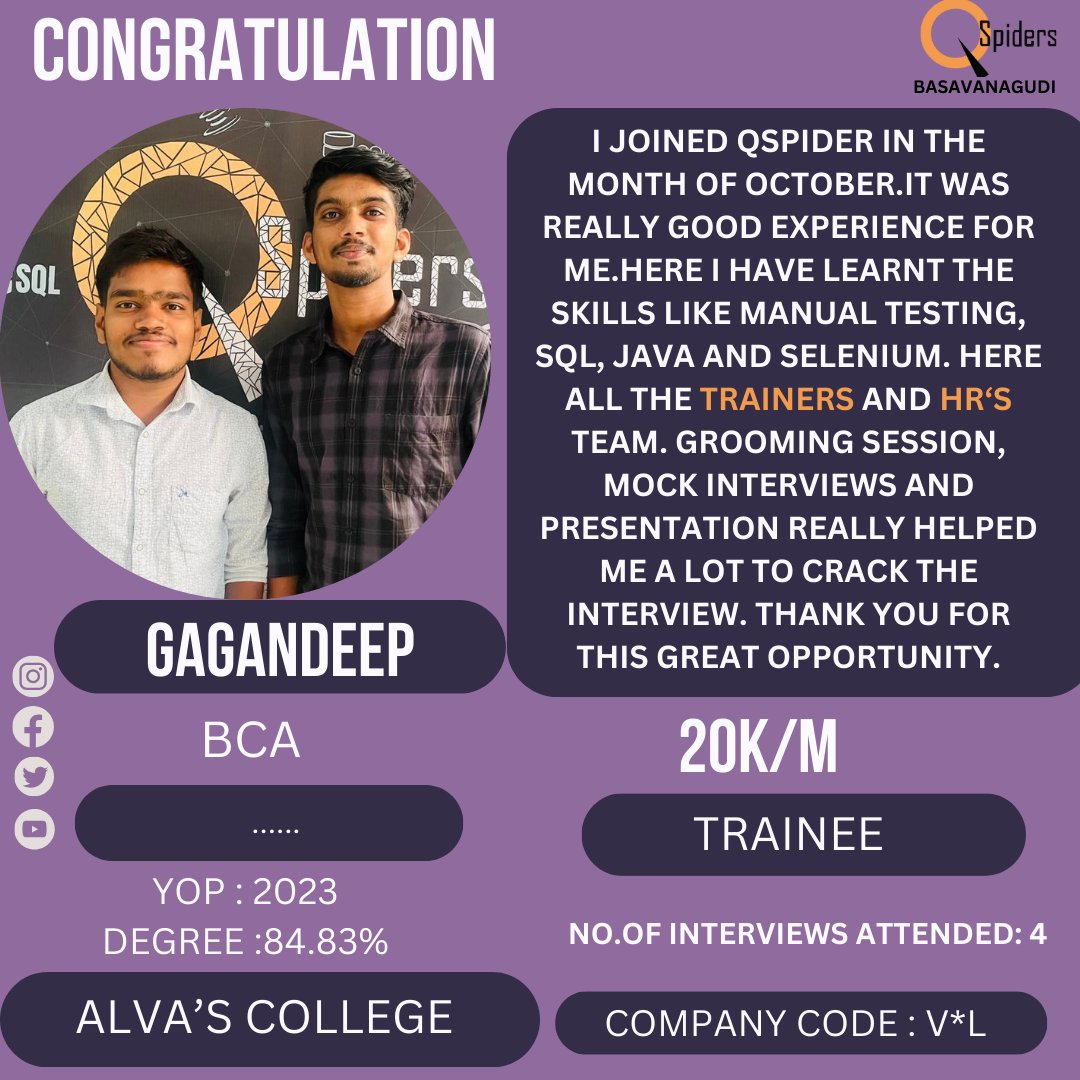 '🎉 Big shoutout to GAGANDEEP on securing a fantastic placement!

🌟 Your hard work has paid off. Congratulations and best wishes for your future endeavors! 🚀✨

#CareerSuccess #NewBeginnings #Congratulations #JobPlacement #HardWorkPaysOff #qspidersbasavanagudi #qspiders