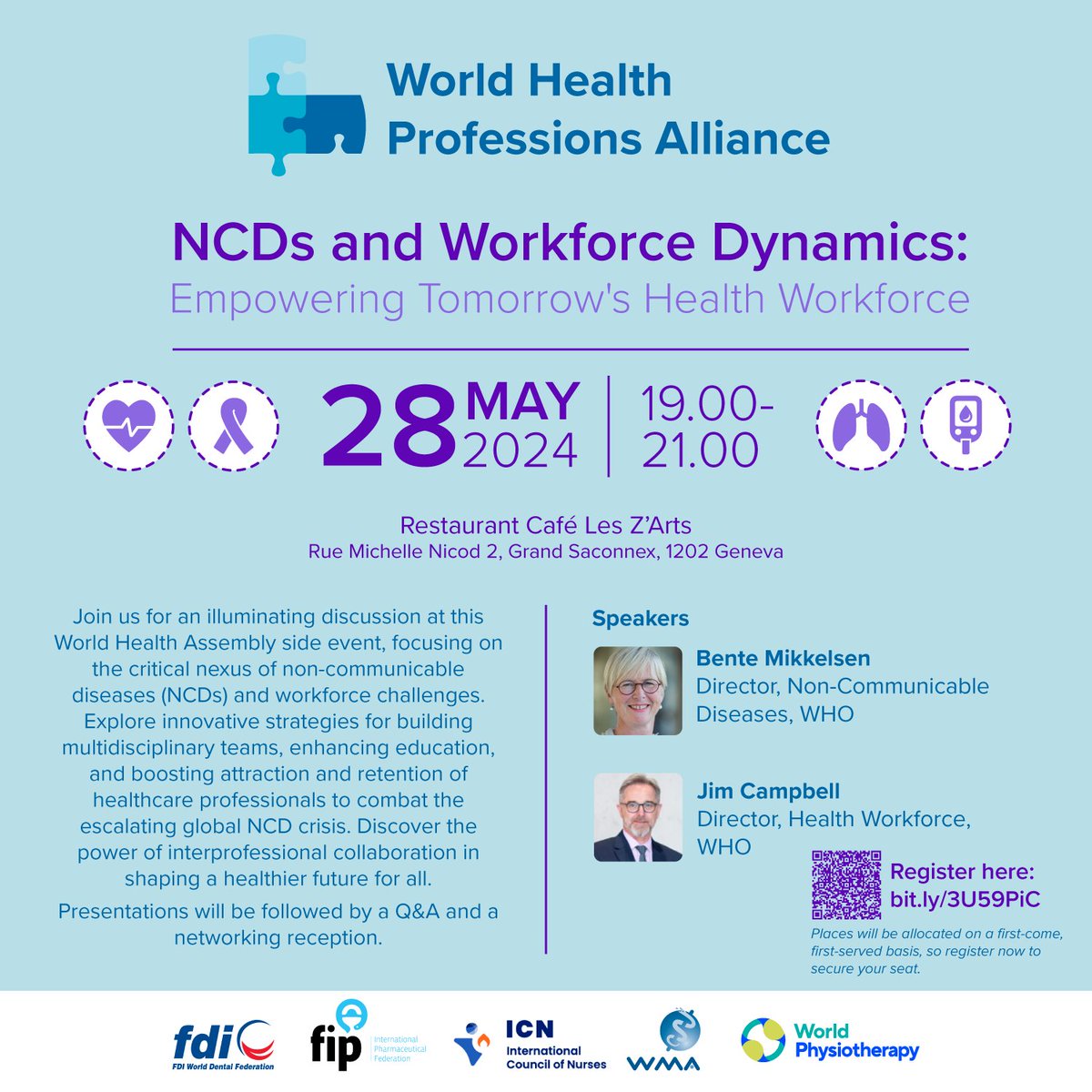 World Medical Association @medwma is delighted to be part of the @WHPAlliance “#NCDs and Workforce Dynamics: Empowering Tomorrow's Health Workforce” event with @fdiworlddental @ICNurses @FIP_org  @WorldPhysiotherapy, a #WHA77 side event 28 May 2024. ow.ly/qKRQ50Rsmwj