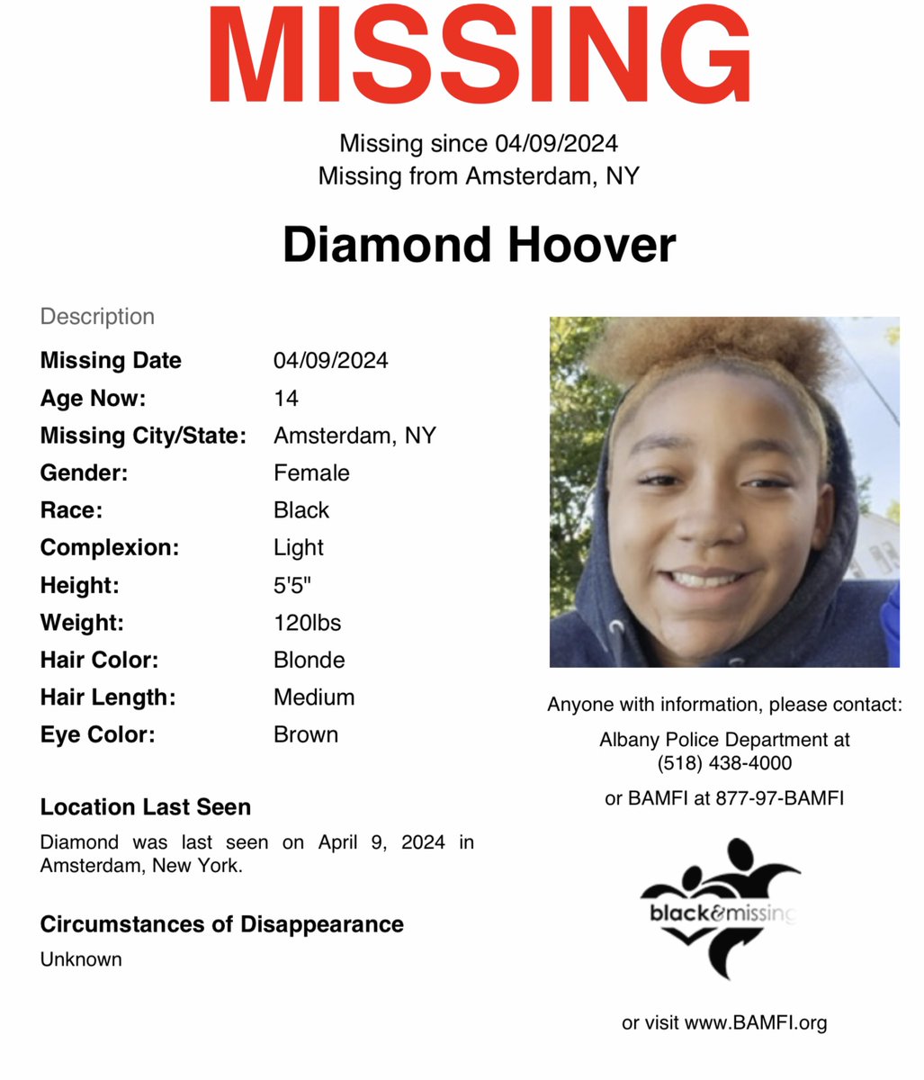 #Amsterdam, #NewYork: 14y/o Diamond Hoover was last seen on April 9. Have you seen Diamond? #DiamondHoover