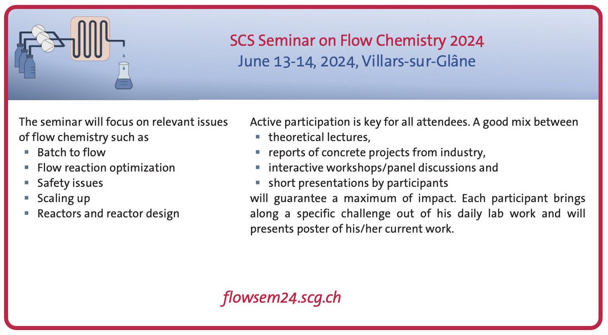 🔔One week left to register for the SCS Seminar on Flow Chemistry, June 13-14, 2024 Don't miss the opportunity and be part of this event ➡️flowsem24.scg.ch/registration #flowsem24 #scg #chemistry #switzerland #flowchemistry