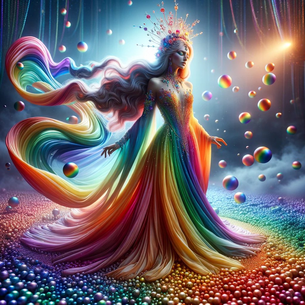 Unveiling 'Spectrum of Dreams', a vivid cascade of colour and light that dances around the ethereal grace of its muse. She walks through a universe of shimmering orbs and radiant beams, her gown a flowing spectrum capturing every shades of the rainbow. Each step is a brushstroke…