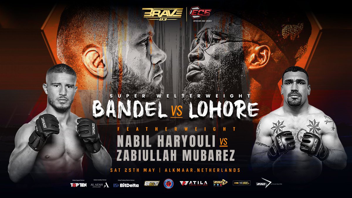 🚨#BRAVECF83 x #ECEMMA Main & Co-Main event revealed Former Super Welterweight Champ Marcin Bandel faces European sensation Alex Lohore in our headline act🔥 In the co-main, Dutch-Moroccan superstar Nabil Haryouli takes on Zabiullah Mubarez! [#BRAVECF83 | #MMA #Netherlands]