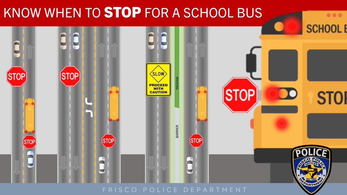 #TrafficTipTuesday - Motorists in both directions must STOP for a school bus with flashing red lights. On a divided roadway, where a physical median or barrier exists, motorists traveling in the opposite direction are not required to stop but should proceed with caution.
