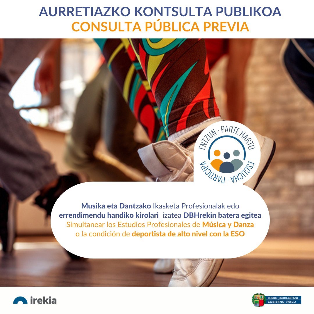 🎶💃🏽🥇 ¿Quieres realizar Estudios Profesionales de Música, Danza o Deporte, pero no sabes cómo combinarlo con la ESO? @Gob_eus quiere facilitar el proceso 📚✨ 📲 Conoce la propuesta y aporta tu opinión 👉irekia.eus/irekia/58C