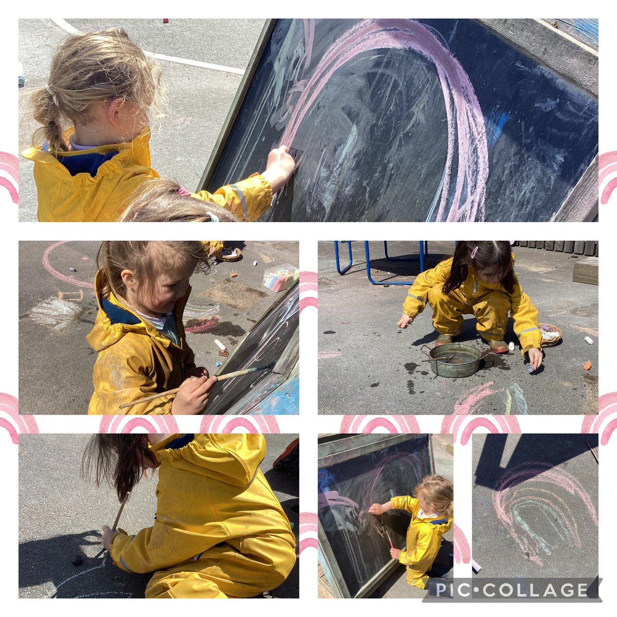 Nursery are learning all about the colours in a rainbow this half term. This afternoon the children have been drawing rainbows using chalk and water. #BaderNursery #Baderoutdoors #markmaking