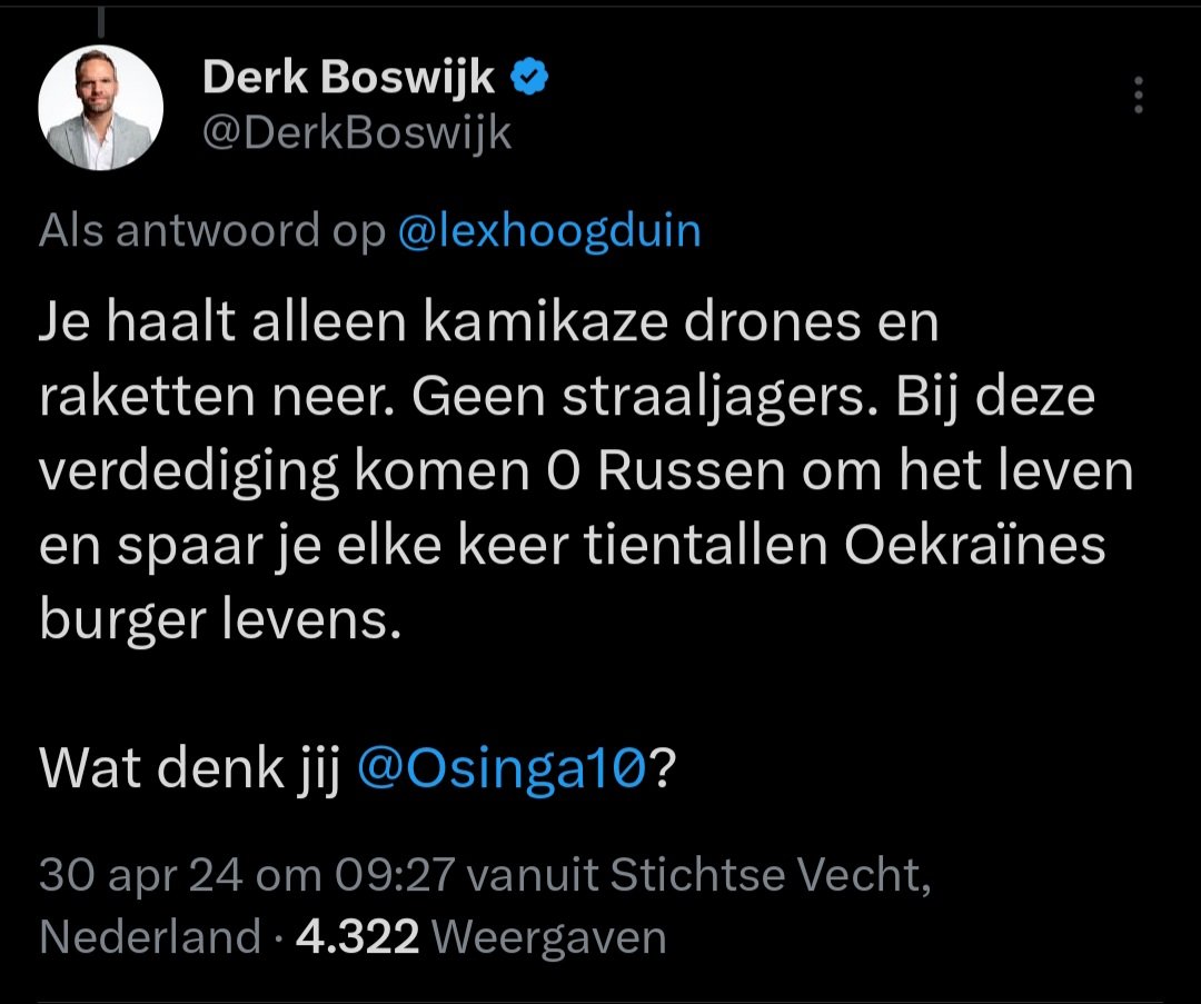 Oh @DerkBoswijk wil een uitzondering maken voor Russische jagers en alleen drones en raketten neerhalen vanaf NAVO grondgebied.

Dat. Zijn. Oorlogshandelingen. Boswijk.

Je sleept ons in een directe oorlog met Poetin en de zijnen dan.