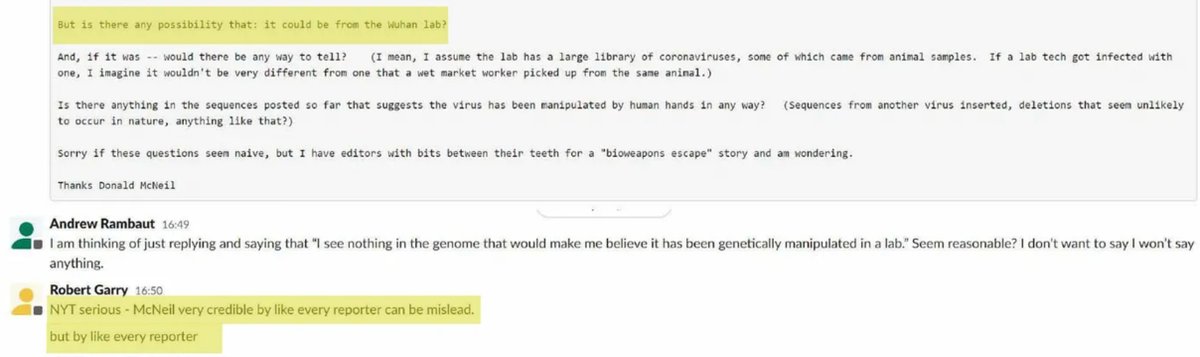 Sehr vielsagend auch, was Virologen, die einen Laborursprung im meistzitierten Paper 2020 kategorisch ausschlossen, in Wirklichkeit dachten/in internen Chats schrieben, u.a. dass sie jeden Reporter täuschen könnten.