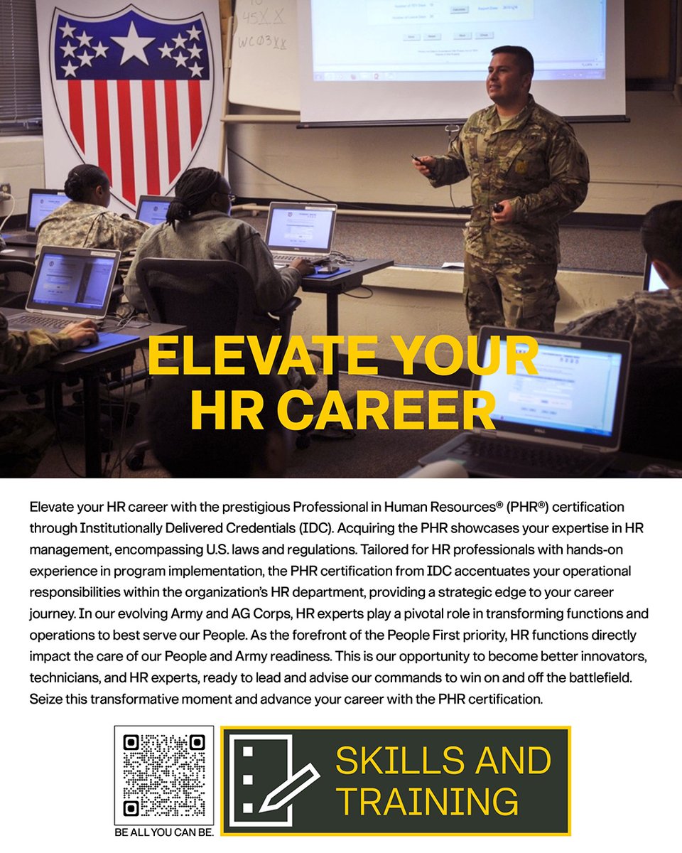 Elevate your HR career with the prestigious Professional in Human Resources (PHR) certification through Institutionally Delivered Credentials (IDC). Scan the QR code to learn more. @USArmy @SecArmy @ArmyChiefStaff @TRADOC @usacac @UnderSecArmy