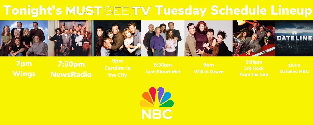 Here’s what’s coming up on tonight’s #MustSeeTV Tuesday we got #Wings, #NewsRadio, #CarolineInTheCity, #JustShootMe, #WillAndGrace, #3rdRock and a bonus news #DatelineNBC so watch it on #NBC starting at 7pm! 🙂😎🕶️🛋️📺
#WingsTV #3rdRockFromTheSun @DatelineNBC @nbc #NBCTV