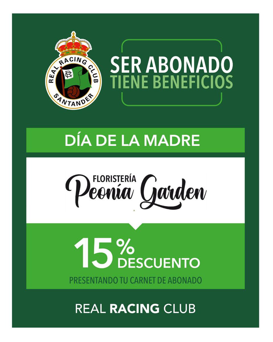 💐 Con motivo del Día de la Madre, Floristería Peonía Garden (@PeoniaGarden), patrocinador oficial del Racing, ofrece un 15% de descuento a todos los abonados racinguistas. ☎️ 942 881 881 || 697 362 734 ℹ️ Descubre esta y otras promociones en realracingclub.es/descuentos-y-p…