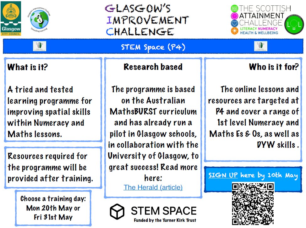 📢Calling P4 Teachers! We are pleased to invite you to the launch of STEM Space in collaboration with @UofGlasgow. Sign up for our training day using the form: forms.office.com/e/VNvxSRjE9j @GIC_Glasgow @Doug_GCC