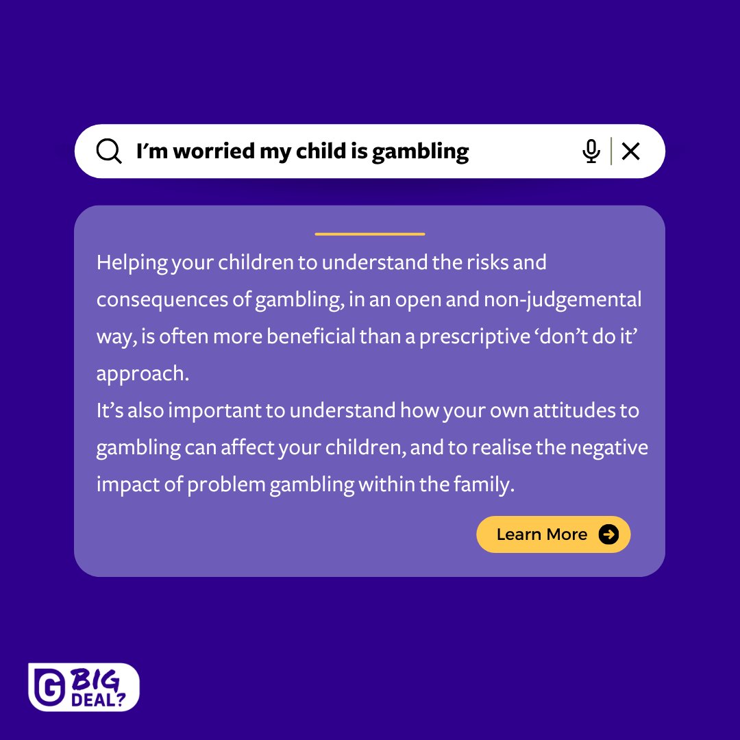 Our Young People’s Service is here to support anyone aged 18 and under from the UK. We work with young people directly, parents, carers, professionals and volunteers who support young people. If you're worried about your child gambling, get in touch - bigdeal.org.uk/referral-form/
