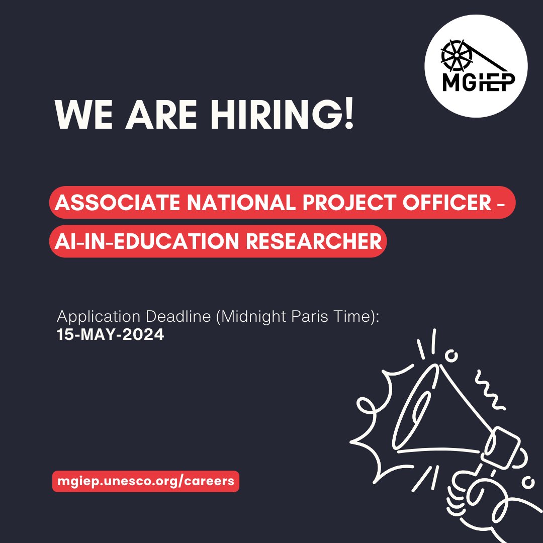 🔊We are #Hiring an Associate National Project Officer - AI In Education Researcher 📅Applications close on 15 MAY 2024. 👉 Know more at mgiep.unesco.org/careers #education #research #ai #artificialintelligence #hiring #unescomgiep #uncareers #education #Jobs #unjobs