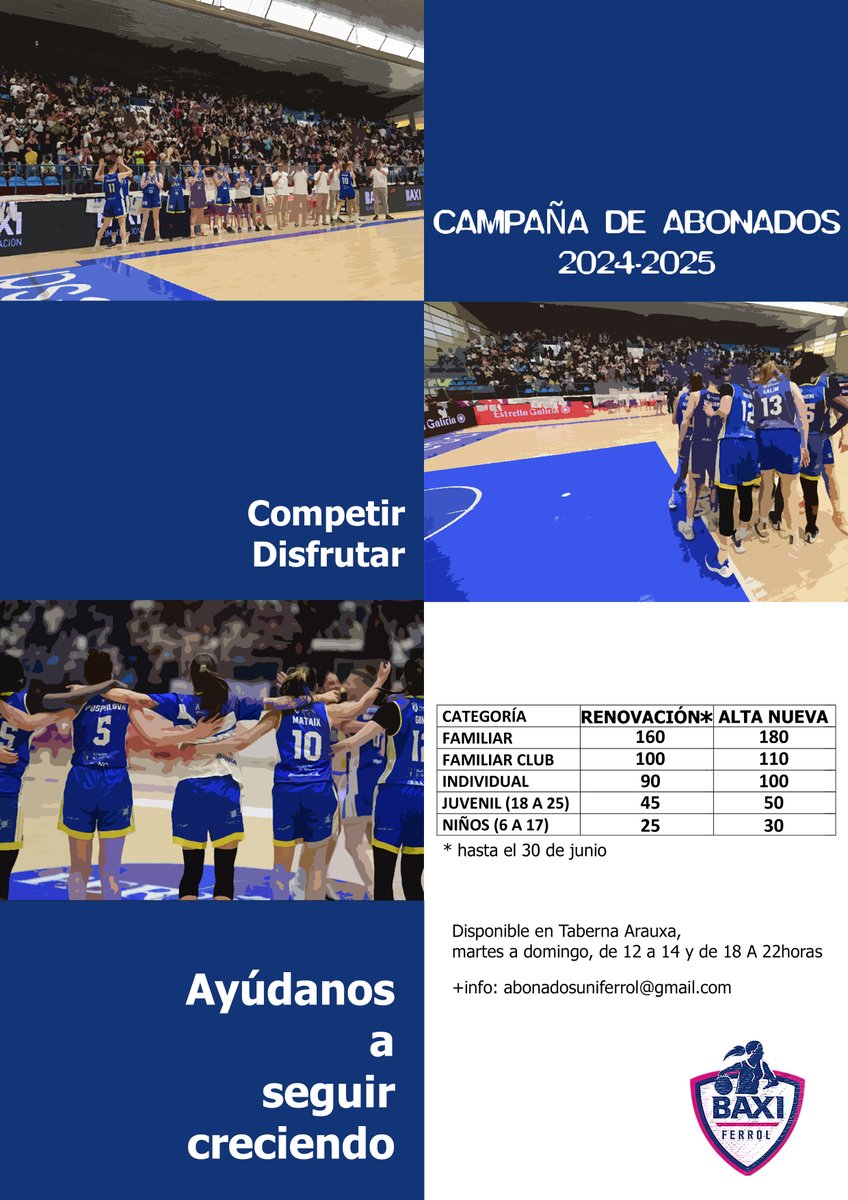 Esta temporada ha sido muy especial, compitiendo y disfrutando al máximo. Queremos que nada nos pare y sabemos que como siempre la afición estará ahí. Ayúdanos a seguir creciendo. Abónate al BAXI Ferrol. Ponemos en marcha la campaña de abonados para la temporada 2024-25. 👇👇