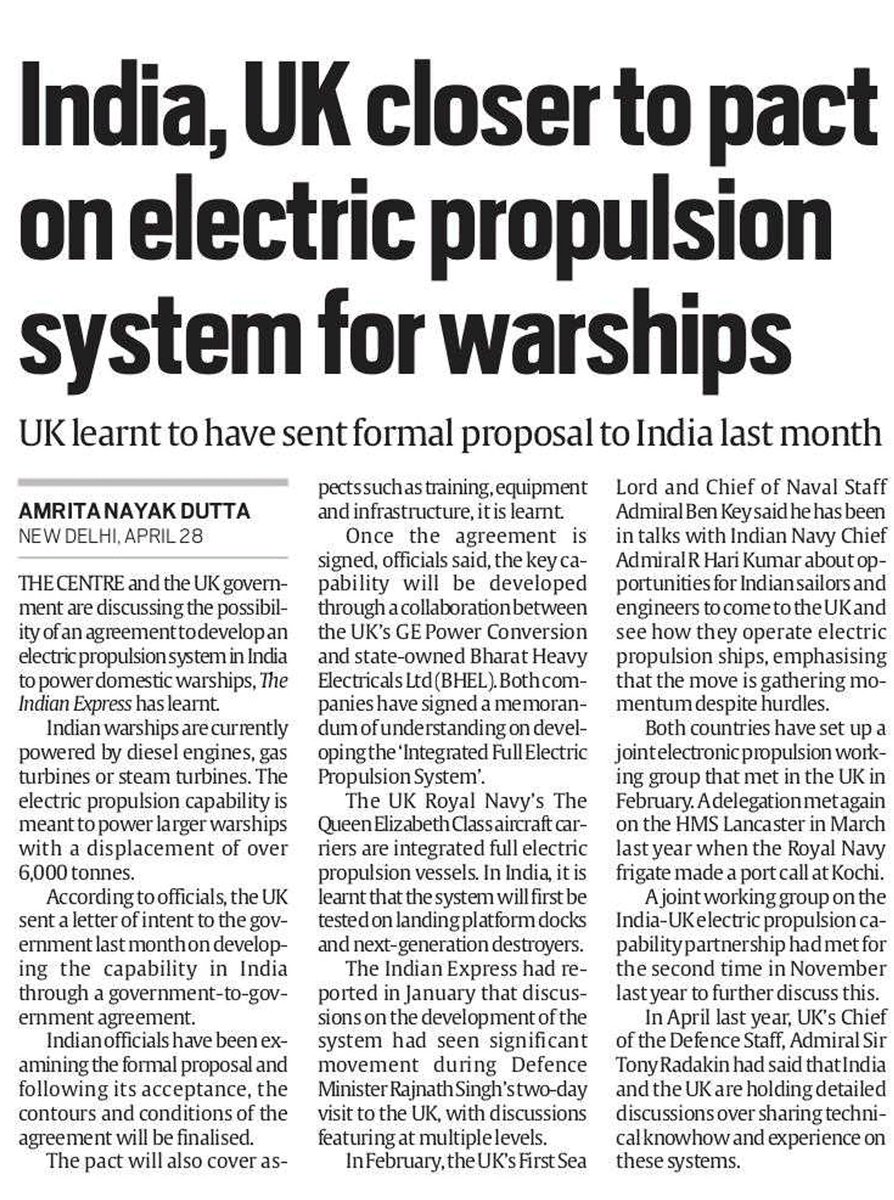 #IndiaUK expected to sign an agreement to develop an Electric Propulsion System in 🇮🇳 to power domestic warships. UK's GE Power  Conversion and state-owned BHEL already signed a MoU to develop the System in India. #DefenceTech #PropulsionSystem #Warships