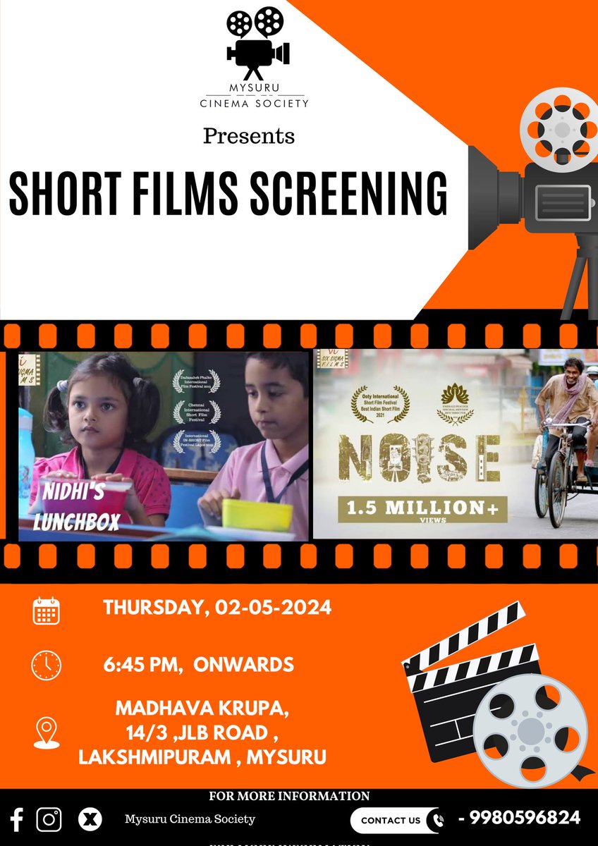 📽️ Join us for an enchanting evening of cinematic marvels! Don't miss the screening of 'Nidhi's Lunchbox' and 'Noise' on Thursday ,May 2, 2024, starting at 6:45 PM . Venue-Madhava Krupa, 14/3 JLB Road, Lakshmipuram, Mysuru. 🎬