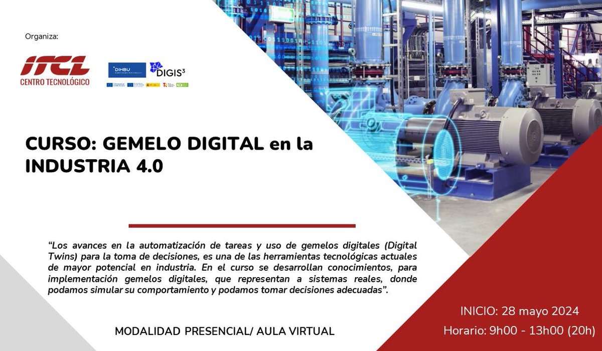 ✅ @_ITCL organizes the course 'Digital Twin in Industry 4.0'. 📅 May 28 and 30; June 4, 5 and 6. 📍 Online or ITCL headquarters in Burgos. 📝 50% discount for employees of SMEs and other promotions for companies. More info and registration: digis3.eu/en/news/itcl-a…