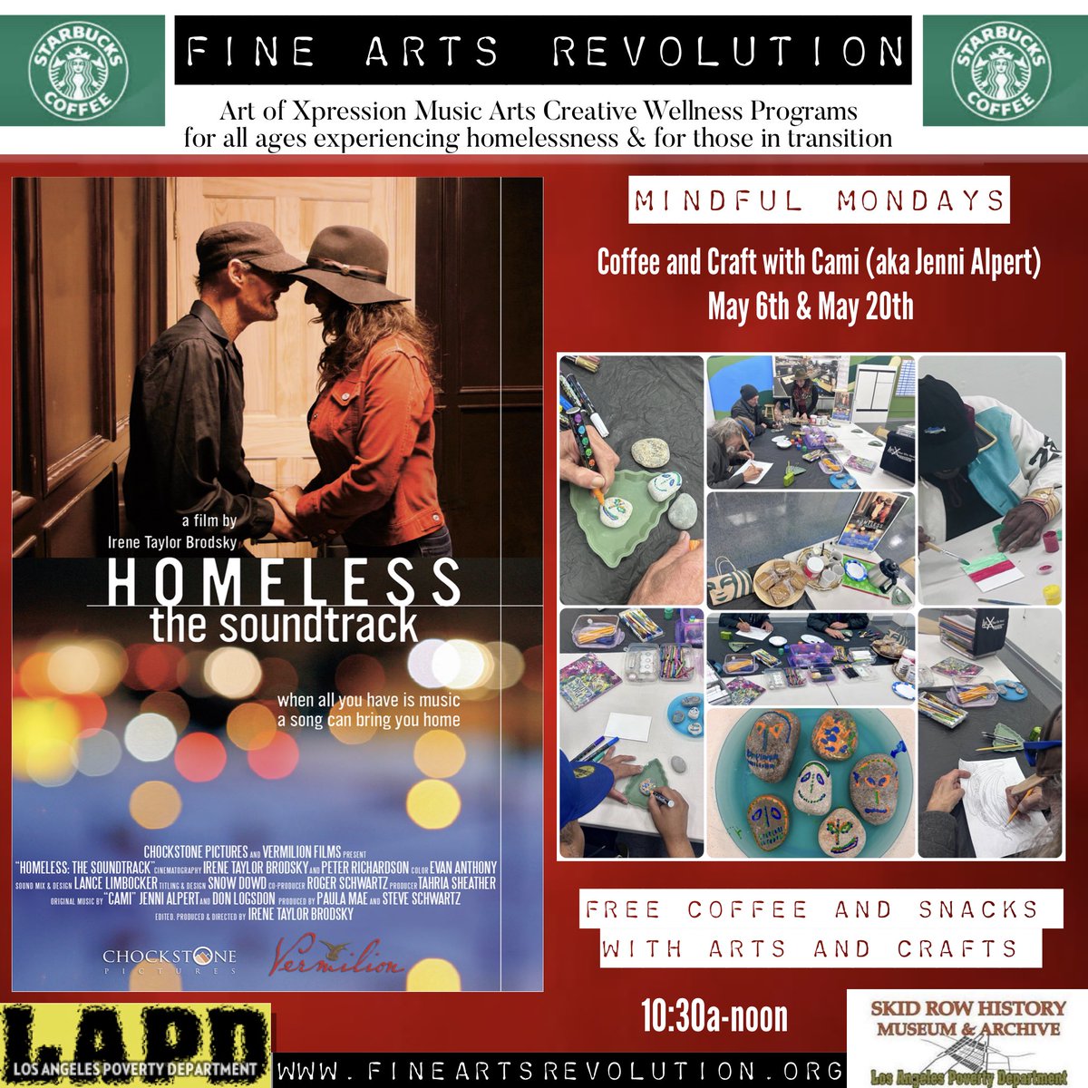 MAY | —-> FARev 501c3 Mindful Mondays Cami’s Coffee and Craft @lapovertydepartment #skidrowmuseumandarchive | First and Third Monday of the Month | 10:30-noon #homelessnessawareness #musicheals #artspeaks FineArtsRevolution.org