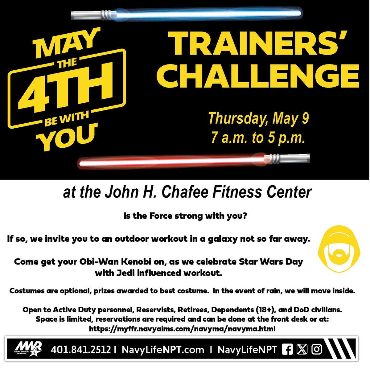 **NEW DATE***We moved the trainer's challenge to next week, sign up today! Reg at the JHC front desk or  myffr.navyaims.com/navyma/navyma.…
Open to AD, RES, RET, DEP (18+), VET (100% disabled) & DoD w/valid ID & base access.#maythe4thbewithyou #fitnesschallenge #obstaclecourse #navyfitness