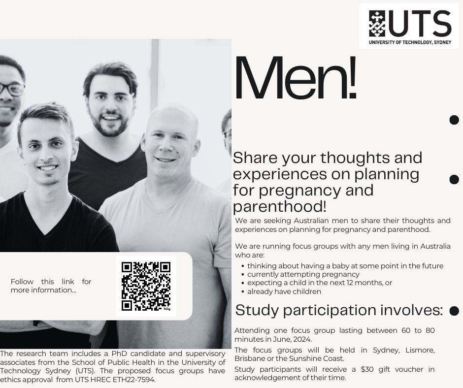 We're seeking Australian men interested in discussing pregnancy and parenthood - no matter where they are on their parenthood journey. Join a Sydney, Lismore, Brisbane, or Sunshine Coast focus group in June. Register your interest here ➡️ buff.ly/3QlXcgE