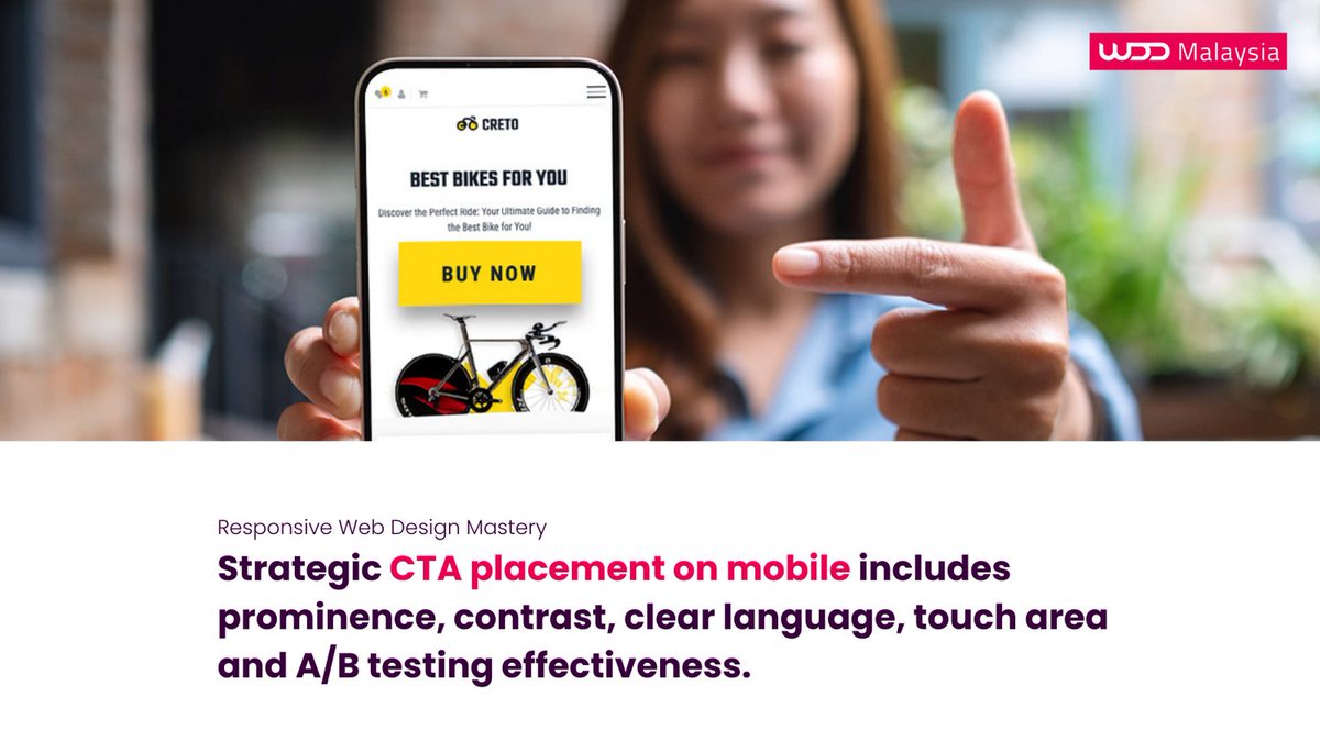 Strategic CTA placement in mobile web design, using contrasting colors, clear language, and larger touch areas, enhances user engagement and conversions. 

wdd.my/blog/responsiv… 
#webdesigncompany #websitedesign #ecommercewebsite #website #responsivewebdesign #webdesignmastery