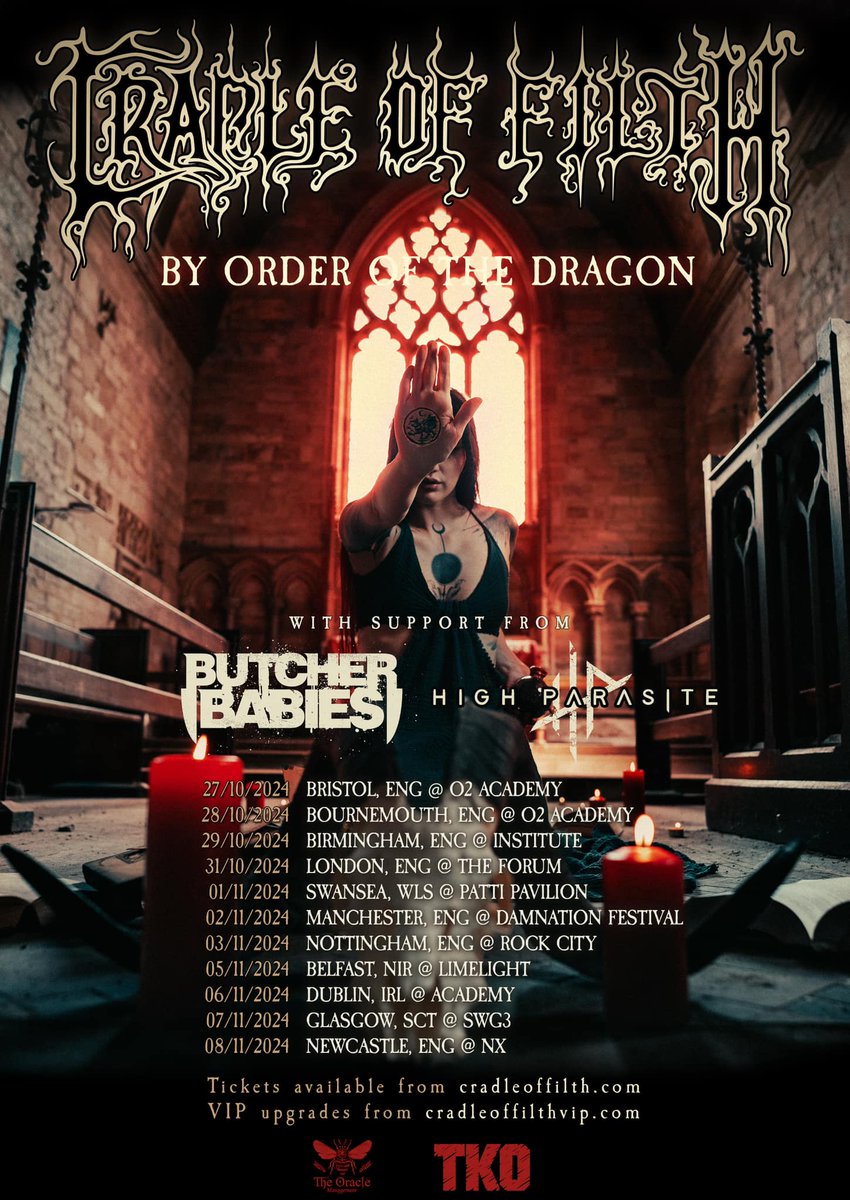 More @CradleofFilth tourdates! 🤘 'You didn’t think we were done with tour announcements yet did you? 😈 UK & Europe, we’re coming for you too this spooky season and throughout the dark depths of winter. Join us on our By Order of the Dragon tour this Oct/Nov/Dec! 🦇