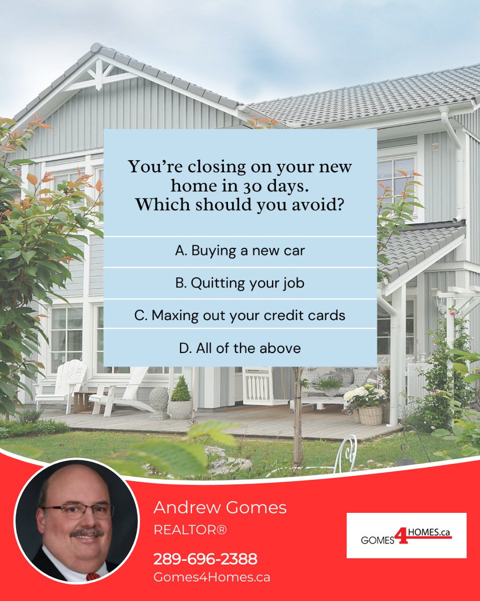 Navigating the closing process? Avoid jeopardizing your home financing by keeping your credit score high, debt-to-income ratio low, and income stable. Knowledge is your best ally in home buying.

#gomes4homes #royallepagenrc #niagarahomes #renttoown #SRES #seniorsrealestate