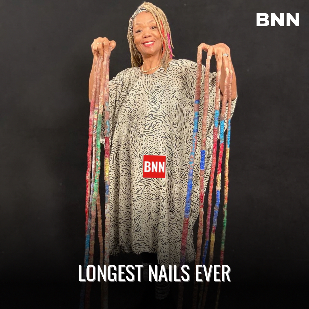 Meet Diana, the woman with the longest nails ever. Measuring 1,306.58 cm (42 ft 10.4 in) the combined length of Diana's fingernails is longer than a standard yellow school bus! #gwr #bnnbasic
FOLLOW US ON BNN BASIC- t.me/bnnkenya/47397