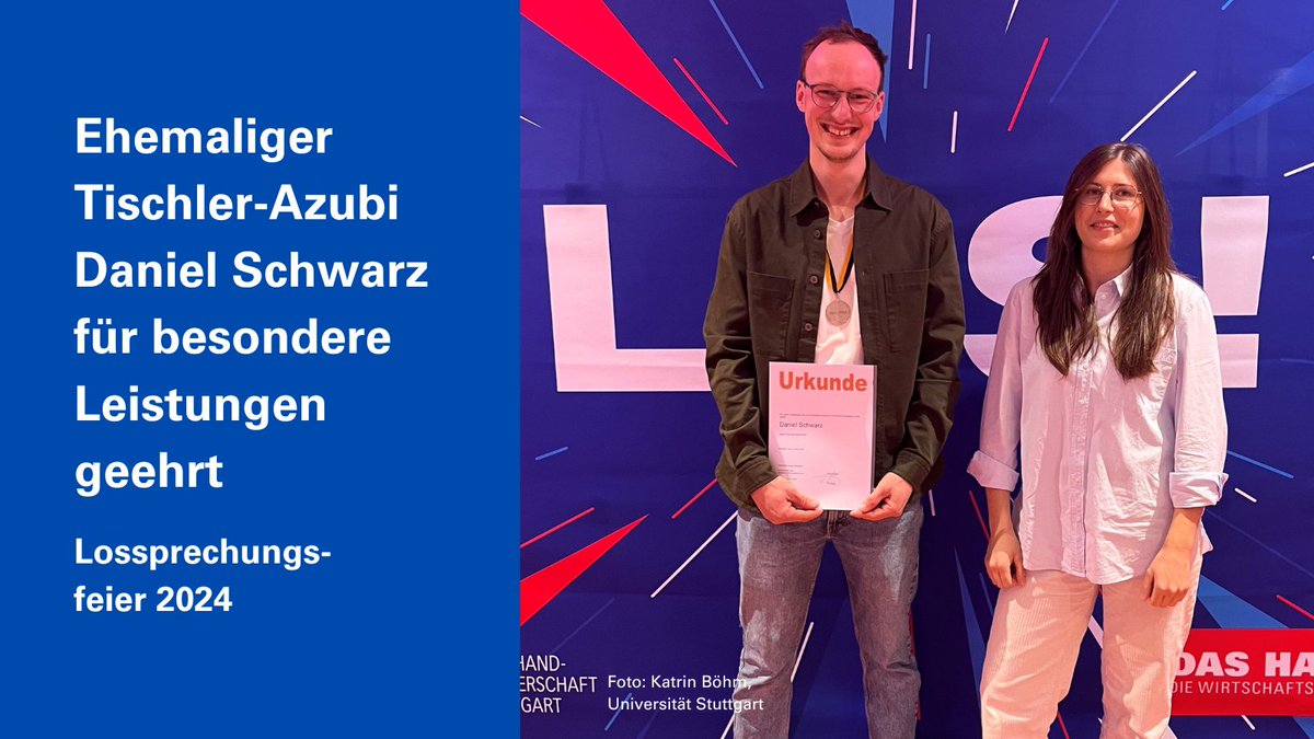 Daniel Schwarz, ehemaliger Tischler-Azubi an der #UniStuttgart, wurde bei der Stuttgarter Lossprechungsfeier der #Kreishandwerkerschaft für besondere Leistungen geehrt. Herzlichen Glückwunsch!🥳👏 Von 111 Azubis aus dem Handwerk erhielten 10 diese Ehrung. sohub.io/abkr